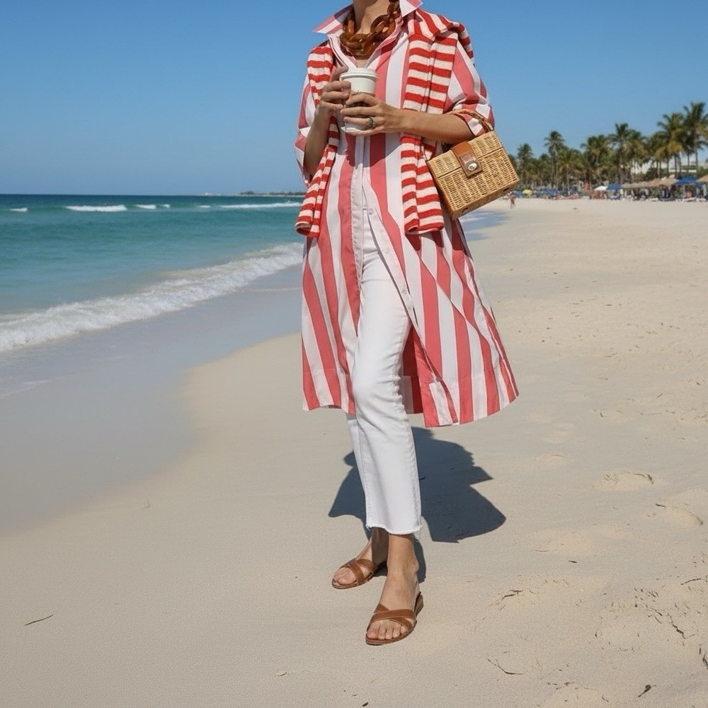 Atlantic Pacific x Lake MARNIE Caftan Shirt Dress Size XXS Red Granita‎ Stripe